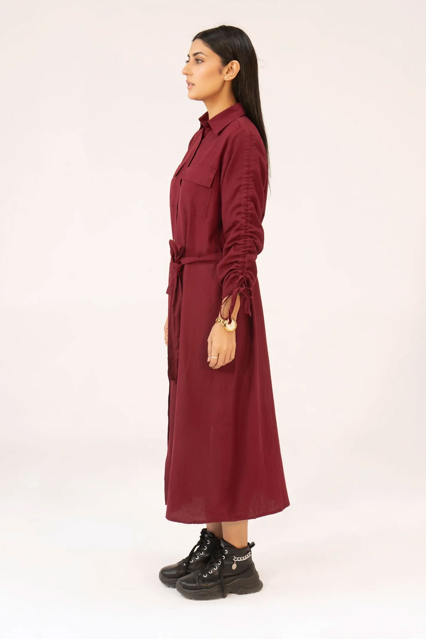 Women Woven Long Dress - Maroon