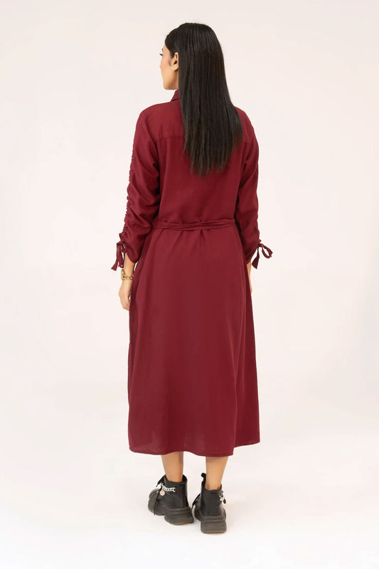 Women Woven Long Dress - Maroon