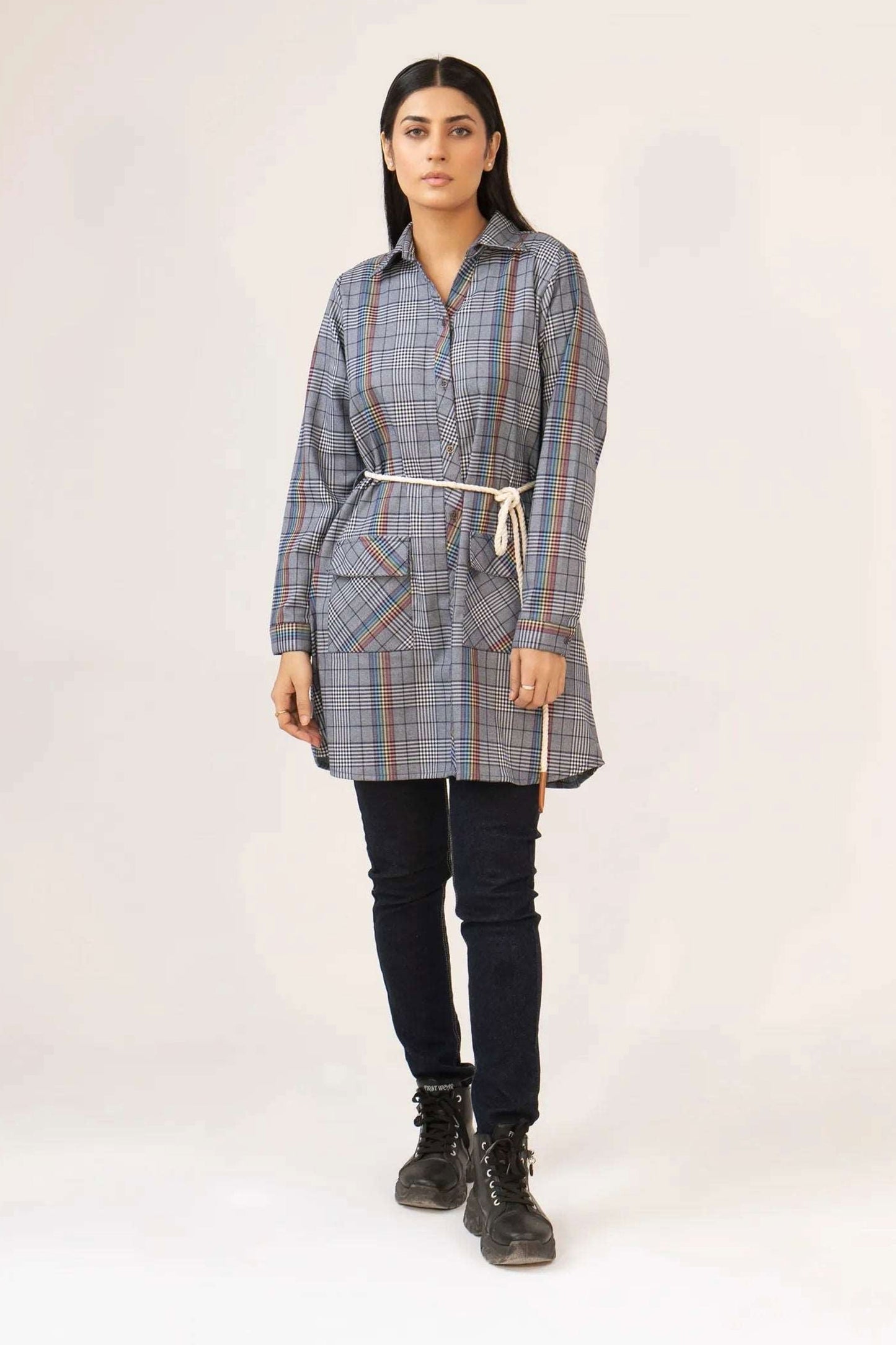 Women Tunic Dress Shirt - Multi Checkered