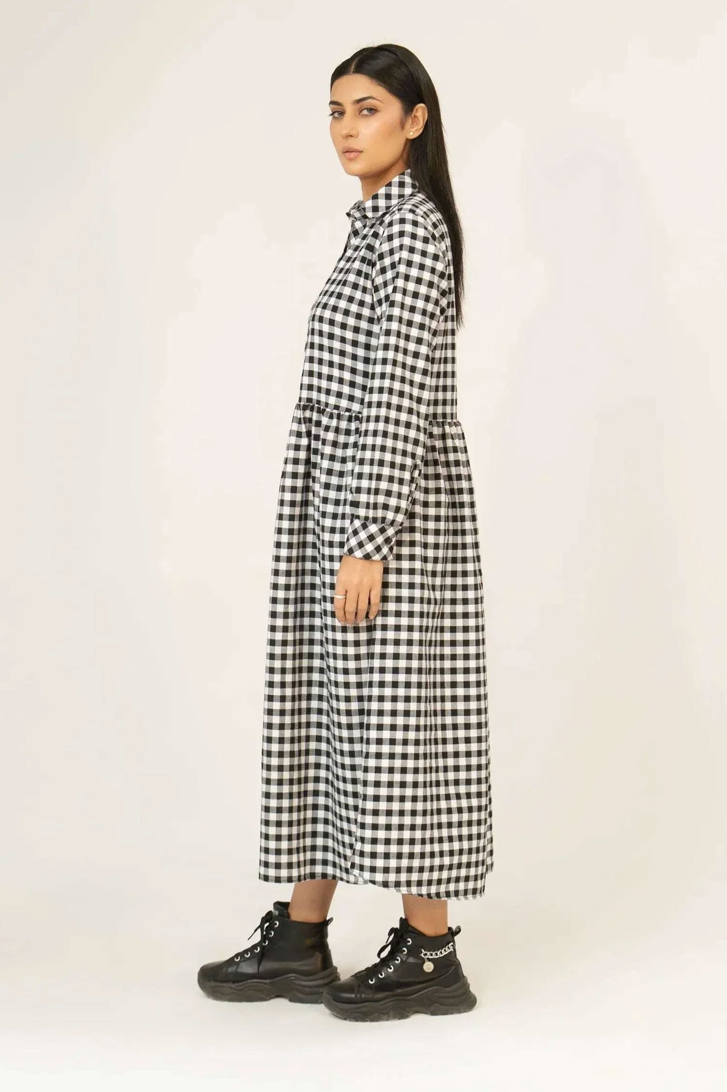 Women Woven Long Dress - Checkered