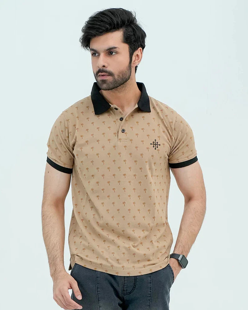 Men Graphic Polo with Contrast Trims - Beige - Harwage