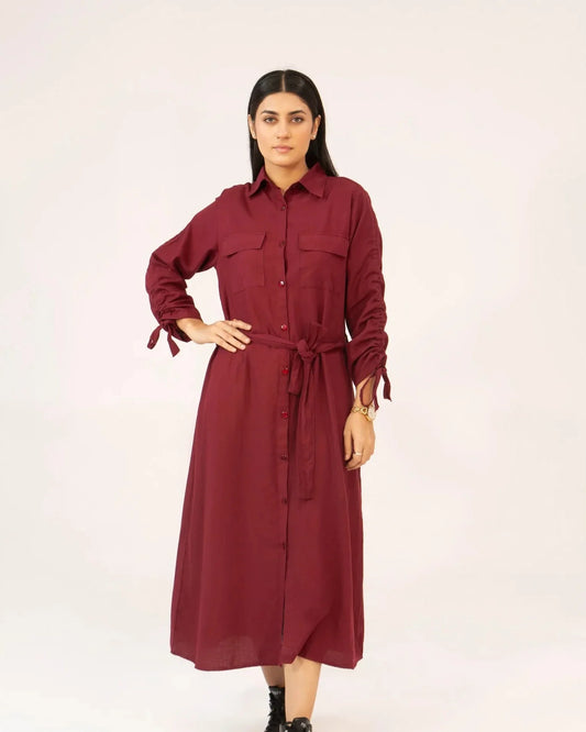 Women Woven Long Dress - Maroon - Harwage