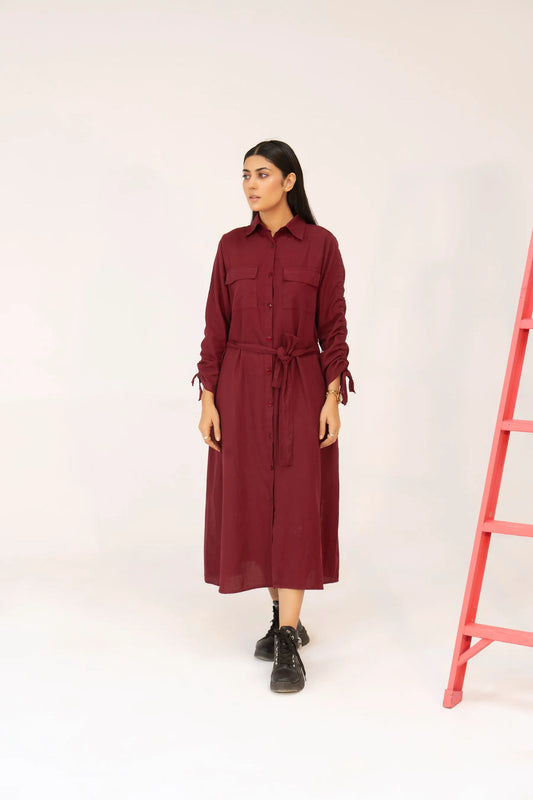 Women Woven Long Dress - Maroon - Harwage