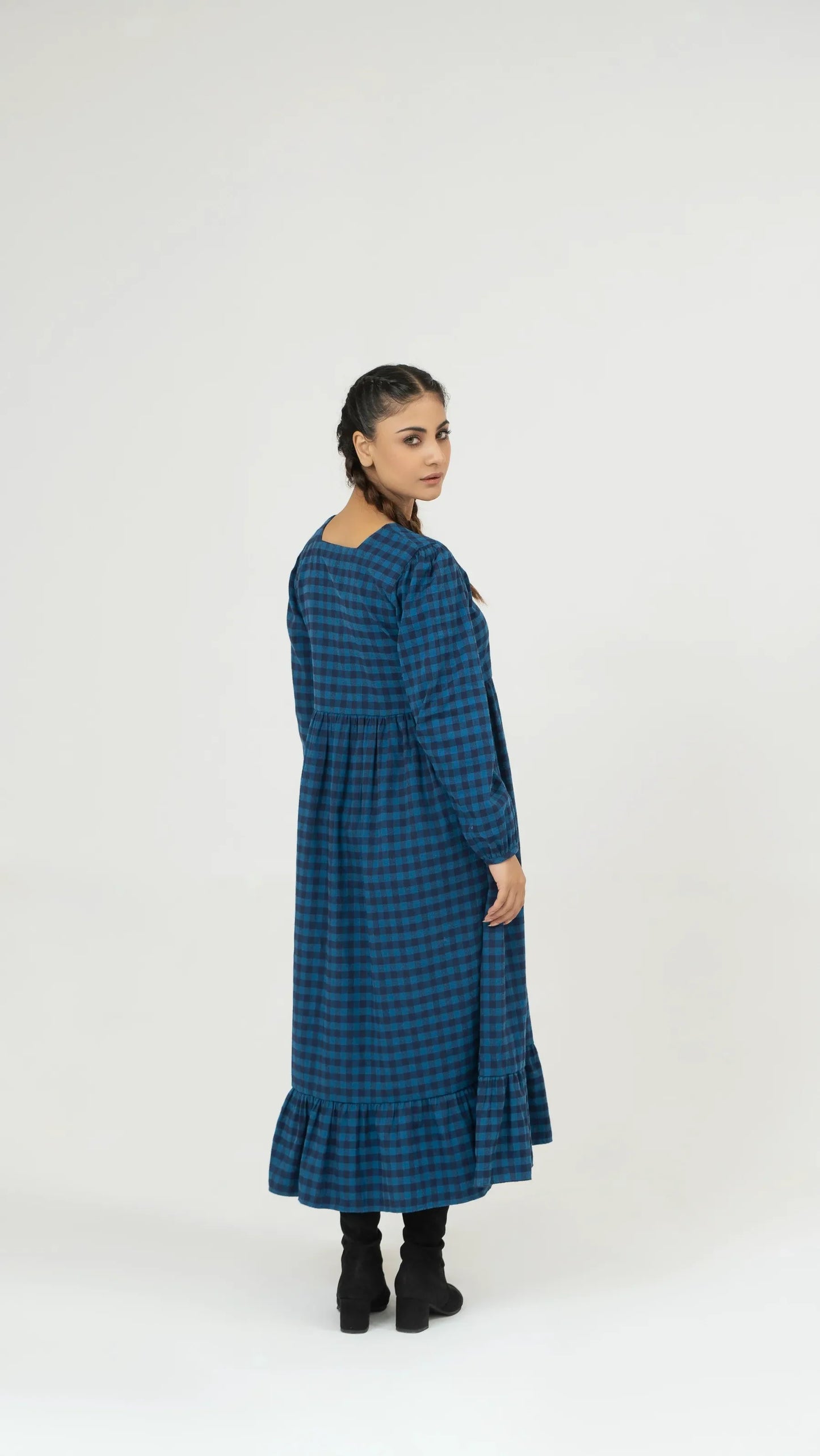 Women Checkered Long Dress - Imperial Blue - Harwage