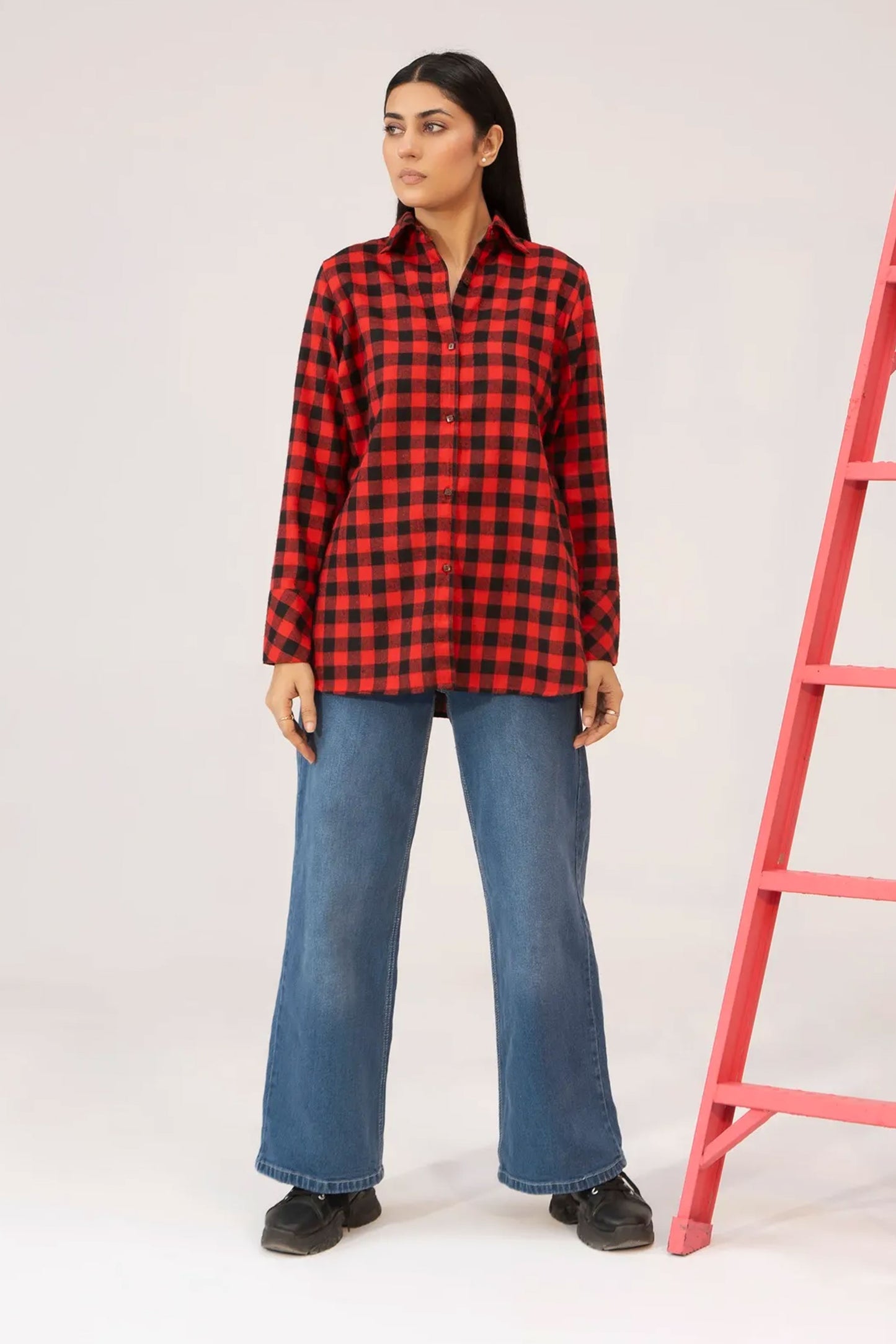 Women Tunic Shirt - Red Checkered