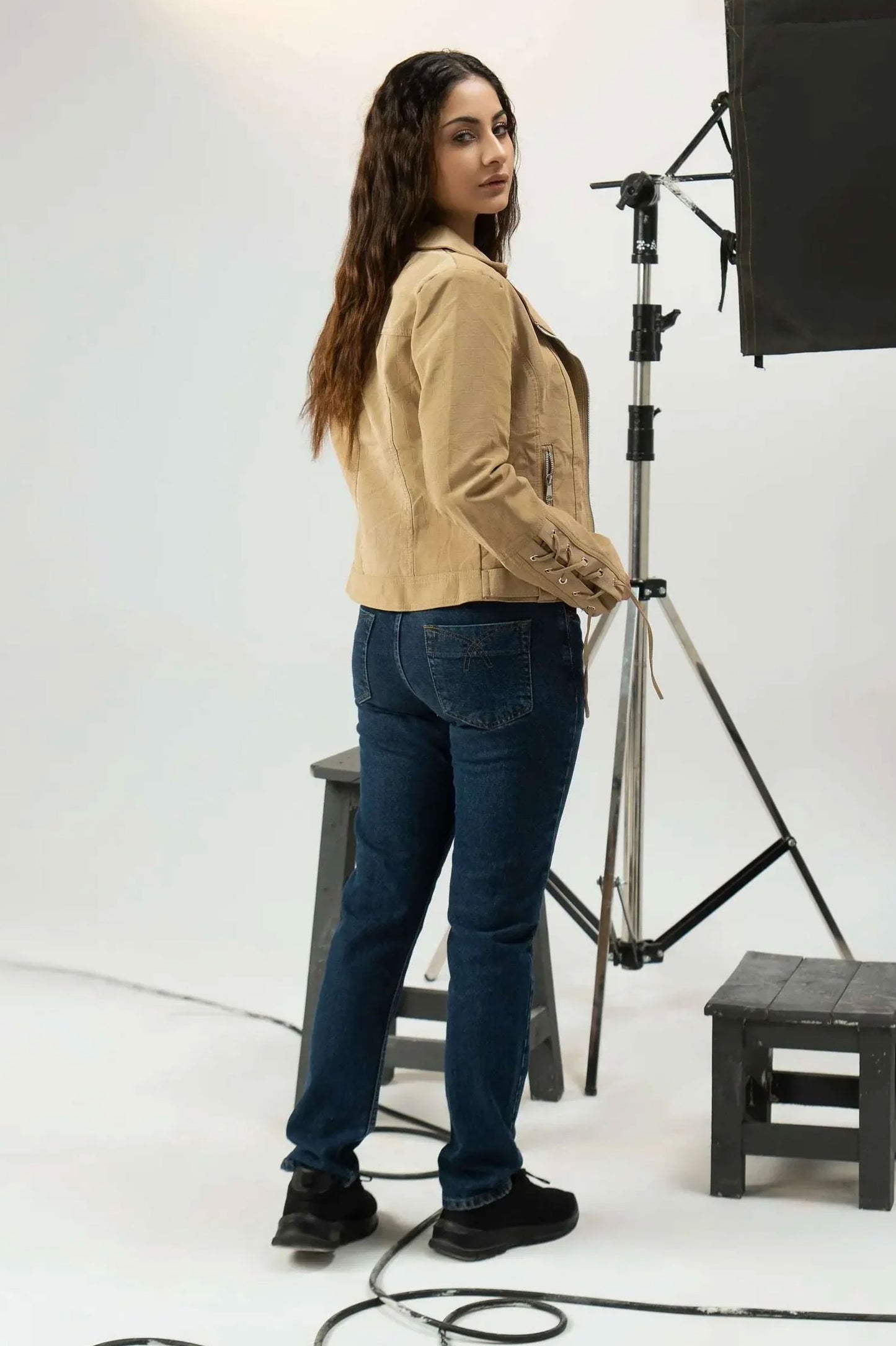 Women Fur Leather Jacket - Beige