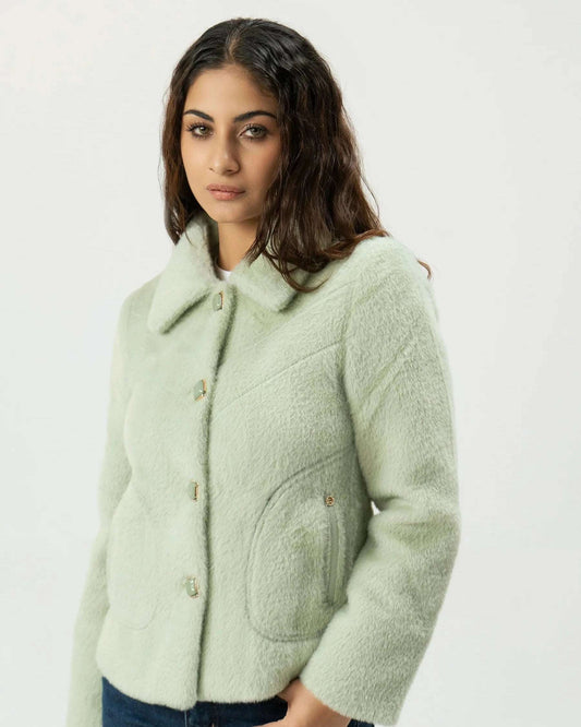Women Rabbit Wool Coat - Sea Green - Harwage