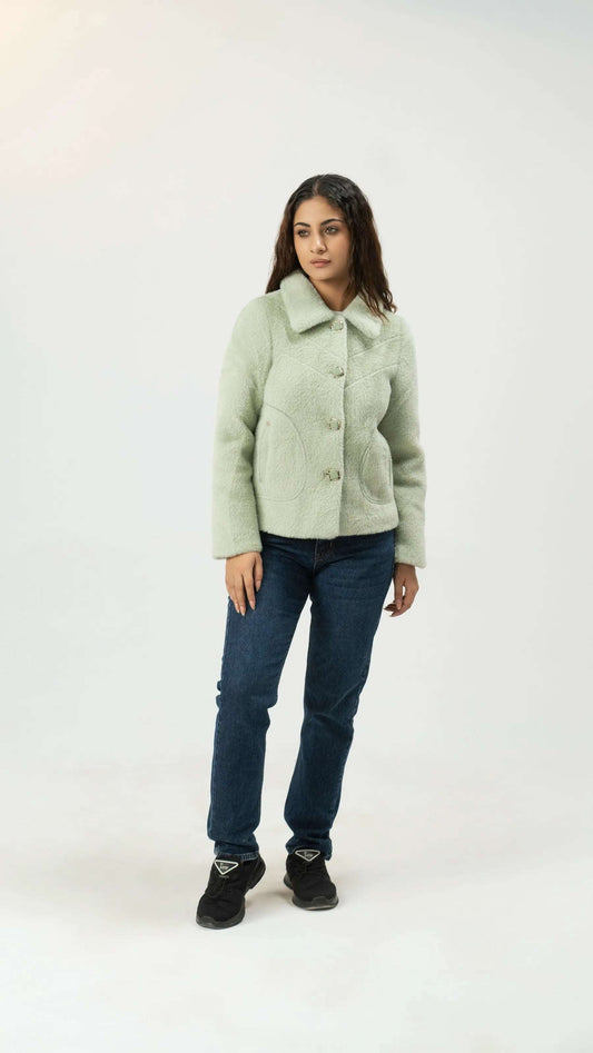 Women Rabbit Wool Coat - Sea Green - Harwage
