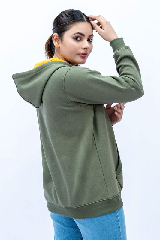Women Printed Zipper Hoodie - Olive Green