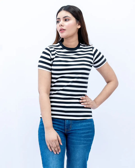 Women Striped T-Shirt - Black/ White