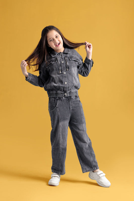 Junior Girls Denim Two-Piece Outfit - Black