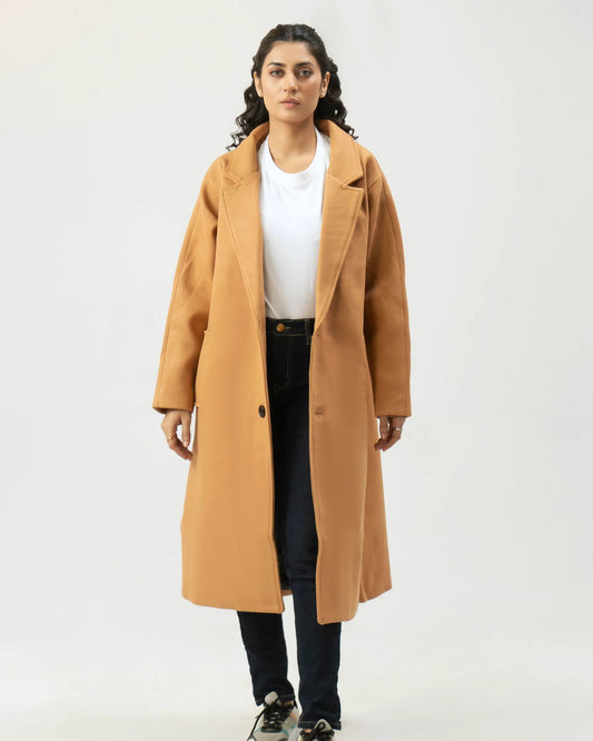 Women Winter Long Tweed Coat – Beige - Harwage