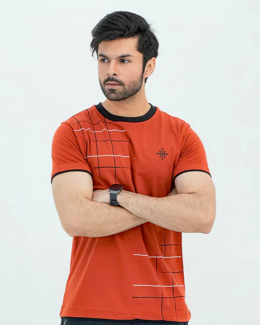 Men Graphic Crew Neck T-Shirt - Chocolate Red - Harwage