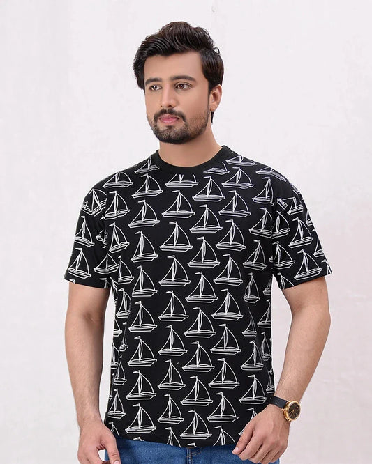 Men Rotatory Printed Shirt - Black - Harwage