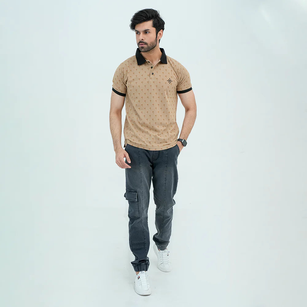 Men Graphic Polo with Contrast Trims - Beige - Harwage