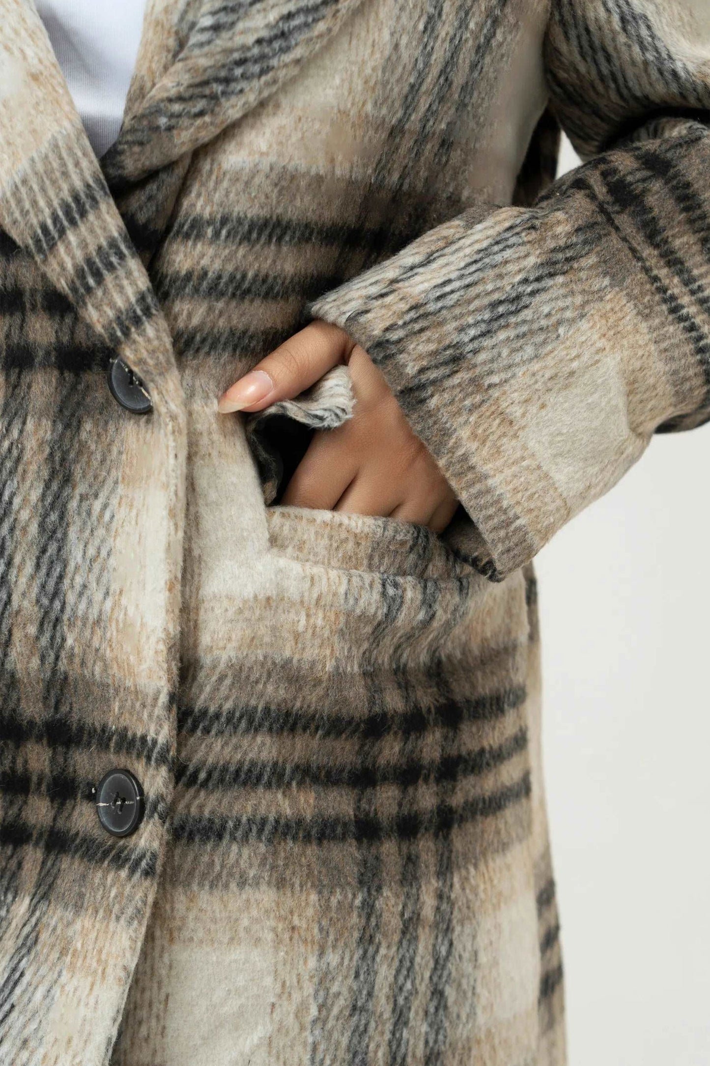 Women Long Wool Tweed Coat - Checkered