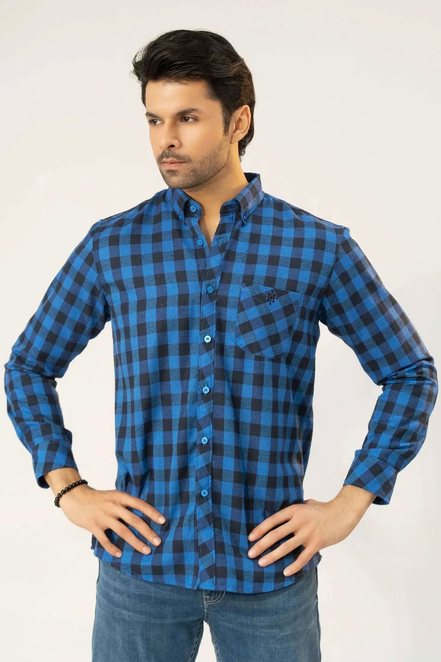 Men Casual Dress Shirt - Blue Checkered