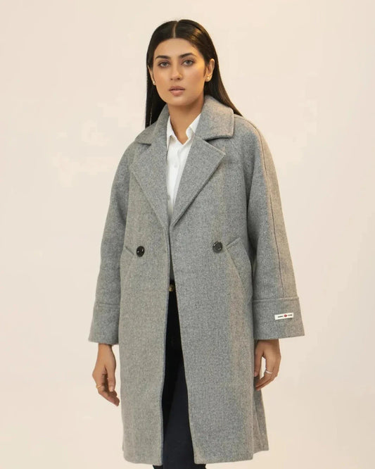 Women Long Wool Coat - Gray - Harwage