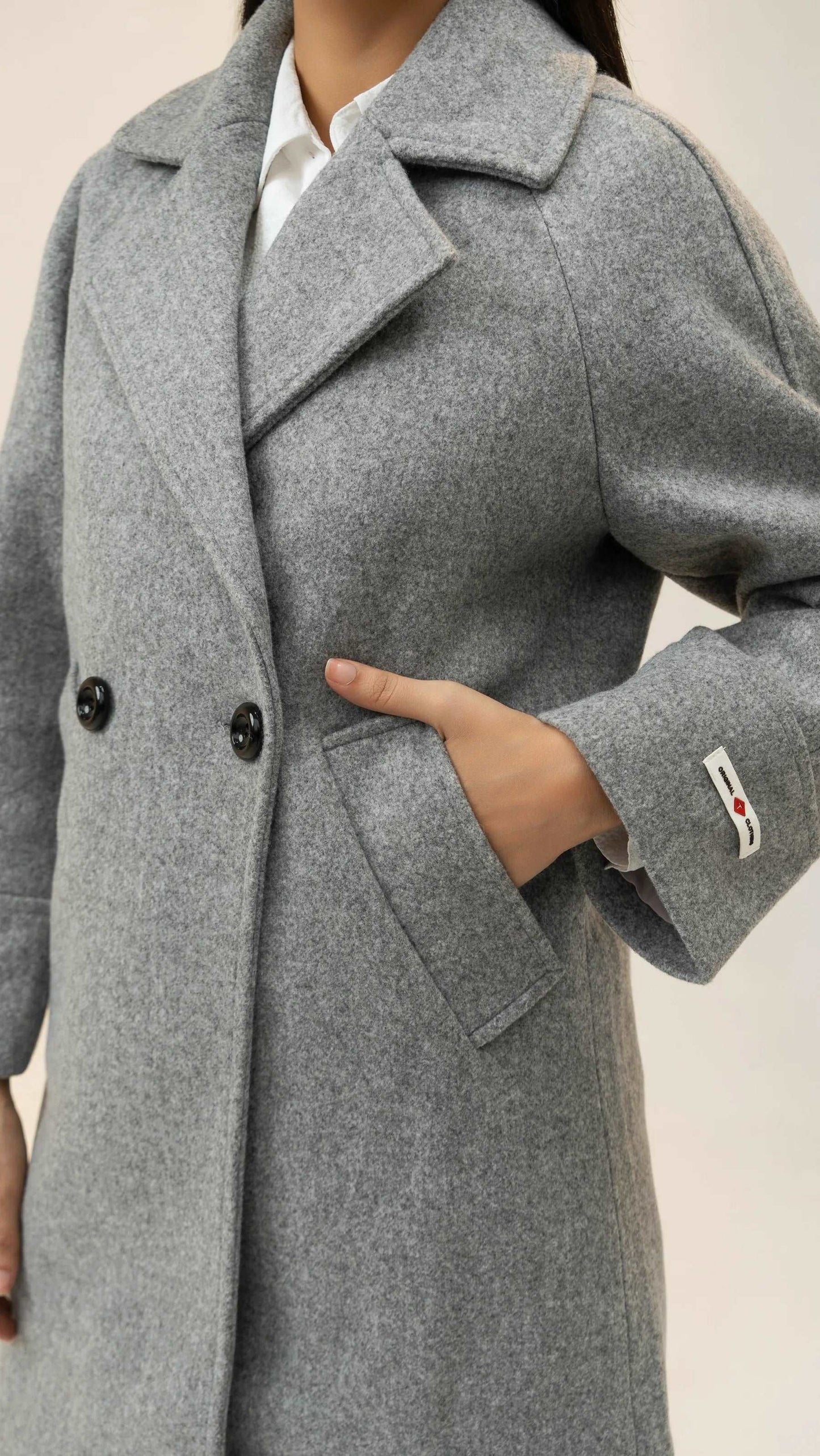 Women Long Wool Coat - Gray - Harwage
