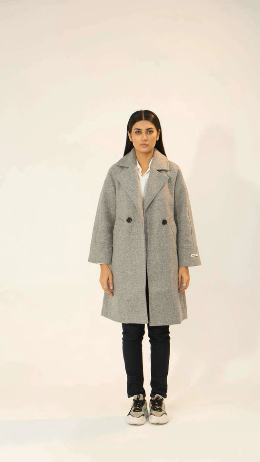 Women Long Wool Coat - Gray - Harwage
