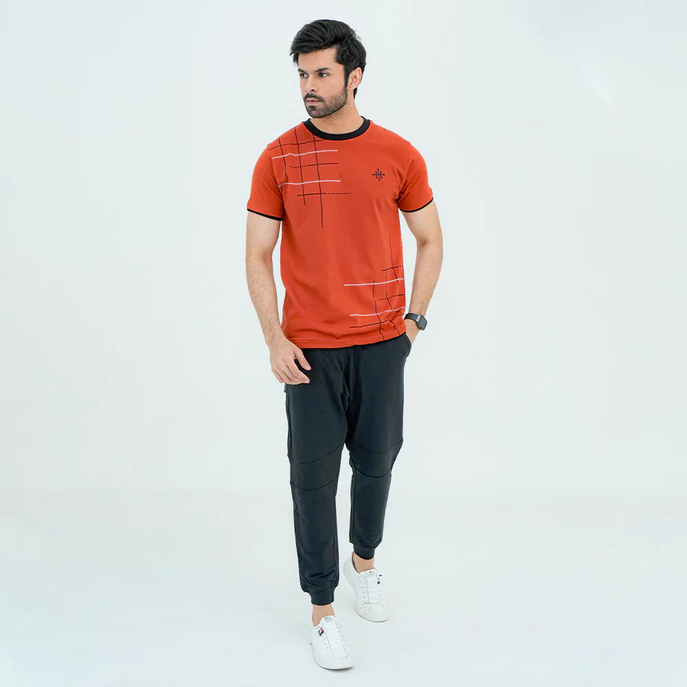 Men Graphic Crew Neck T-Shirt - Chocolate Red - Harwage