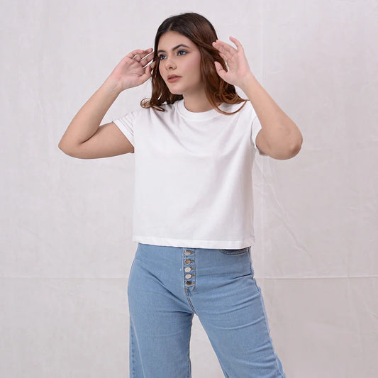 Women Plain Cropped Top - White - Harwage