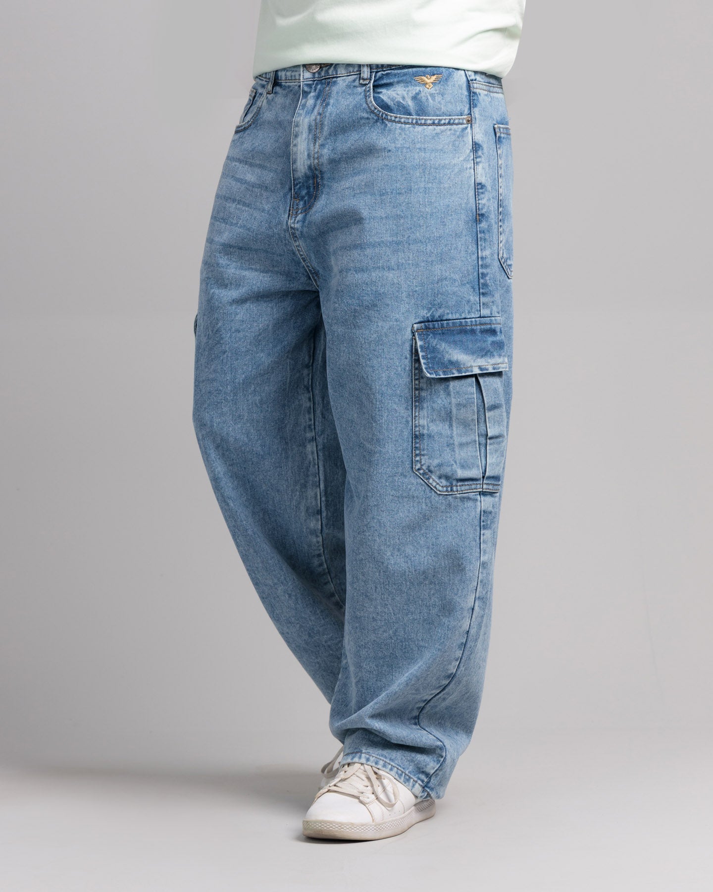 Men Skater Fit Cargo Denim Jeans - Ice Blue
