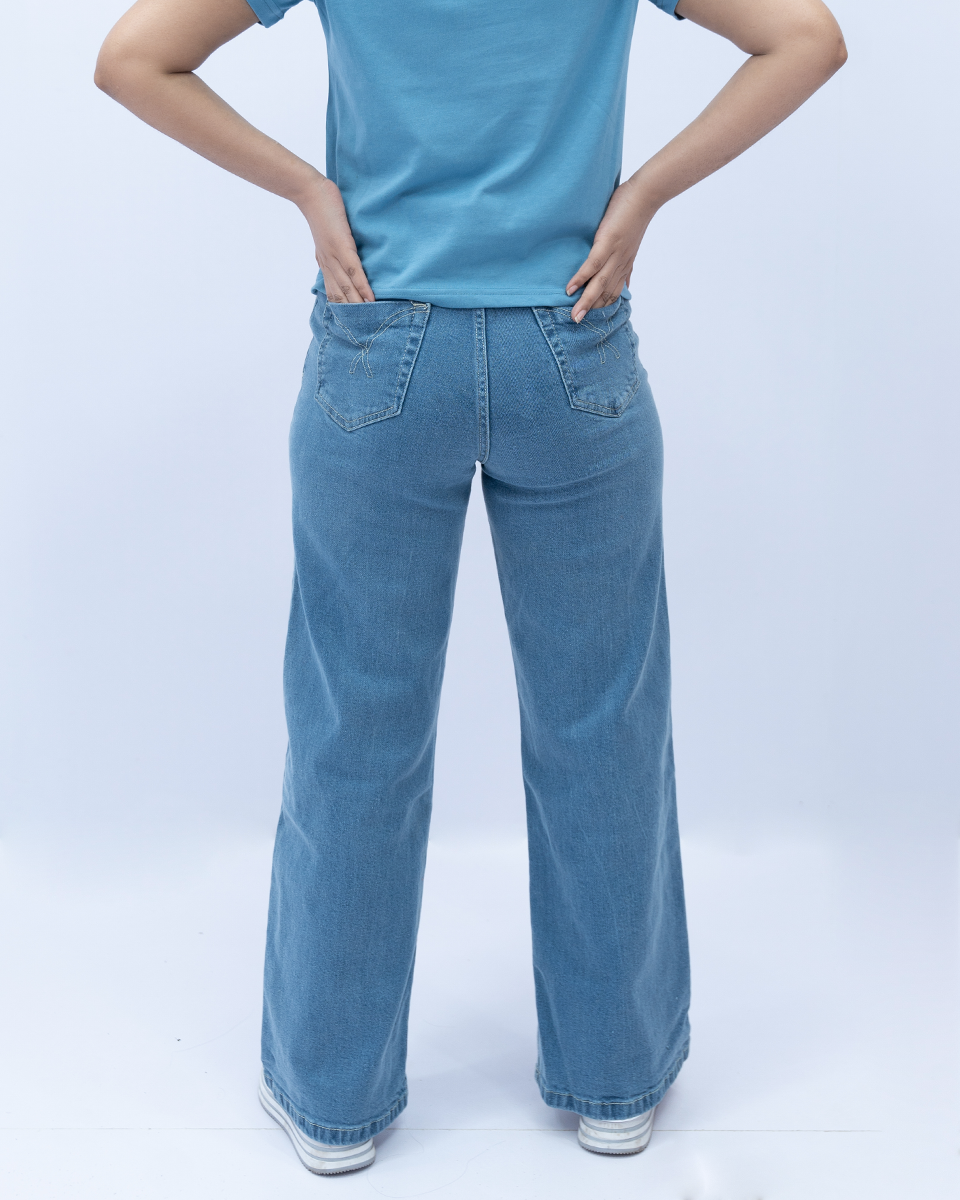 Women Wide Leg Jeans - Mid Blue