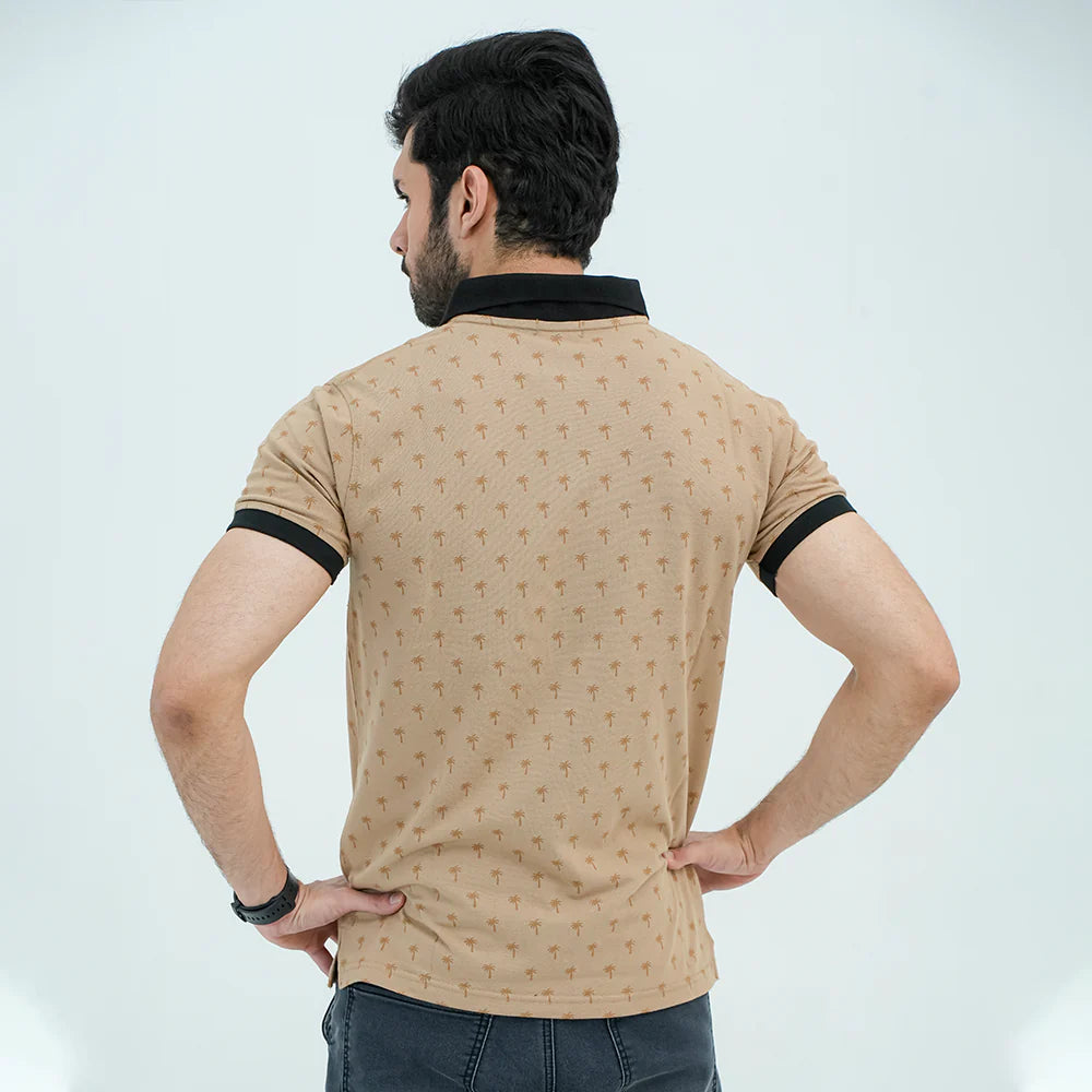 Men Graphic Polo with Contrast Trims - Beige - Harwage