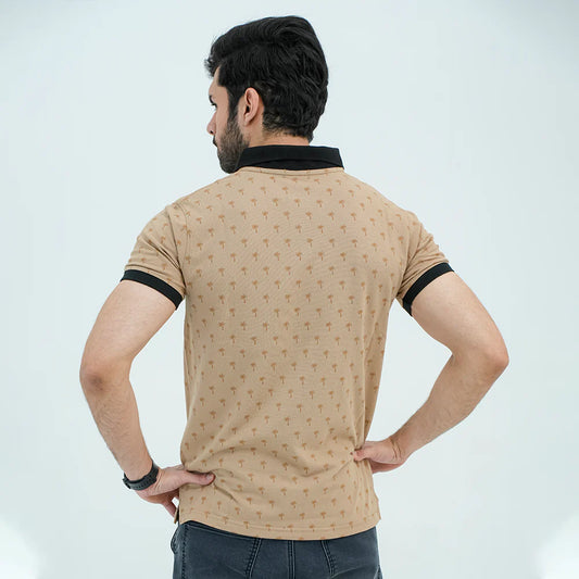 Men Graphic Polo with Contrast Trims - Beige - Harwage