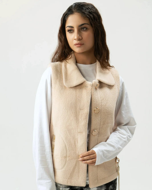 Women Rabbit Wool Sleeveless Coat - Beige - Harwage