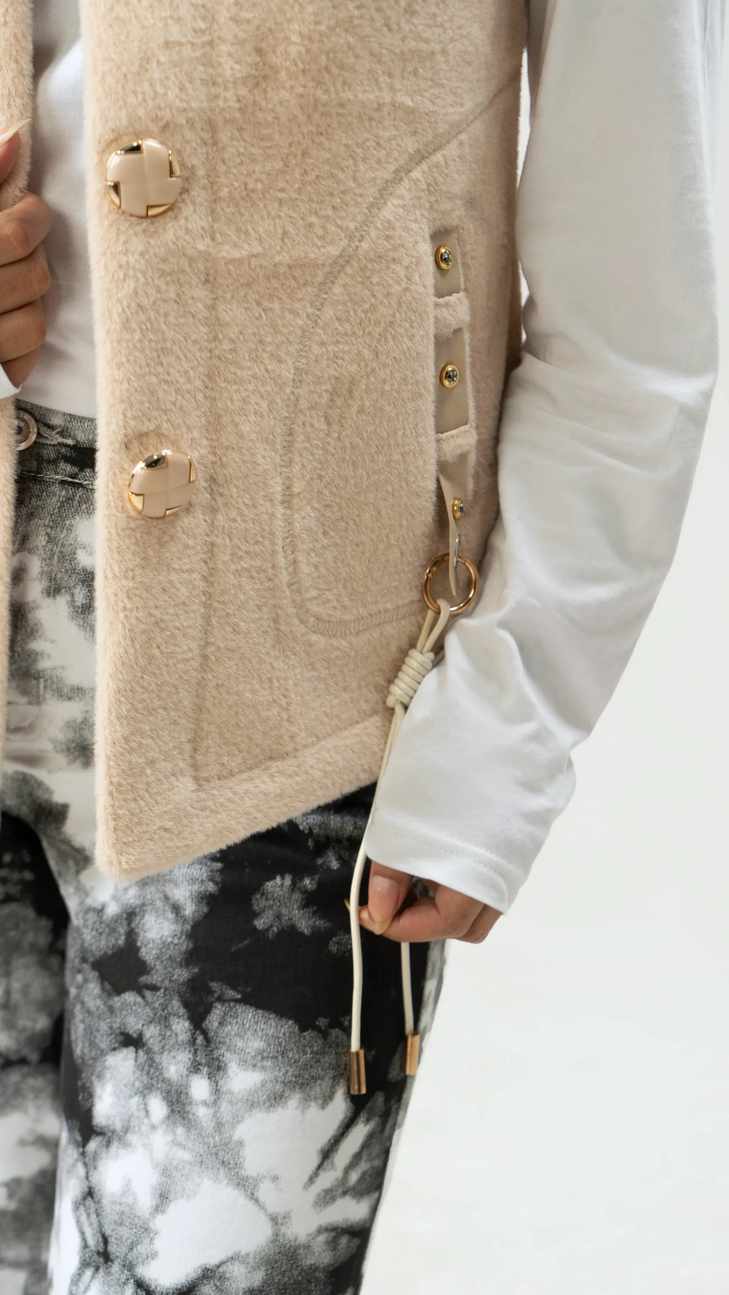 Women Rabbit Wool Sleeveless Coat - Beige - Harwage