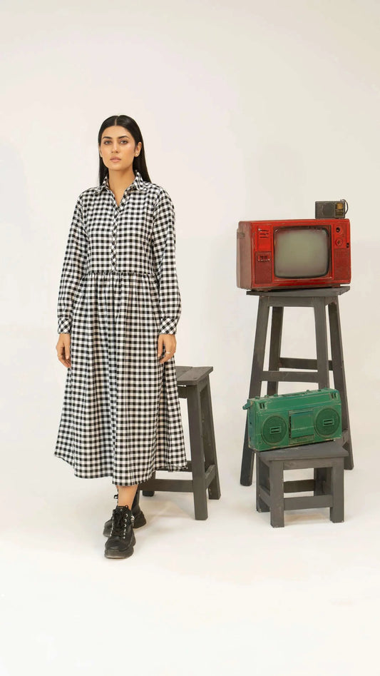 Women Woven Long Dress - Checkered - Harwage