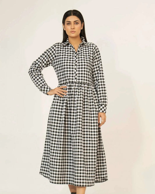 Women Woven Long Dress - Checkered - Harwage