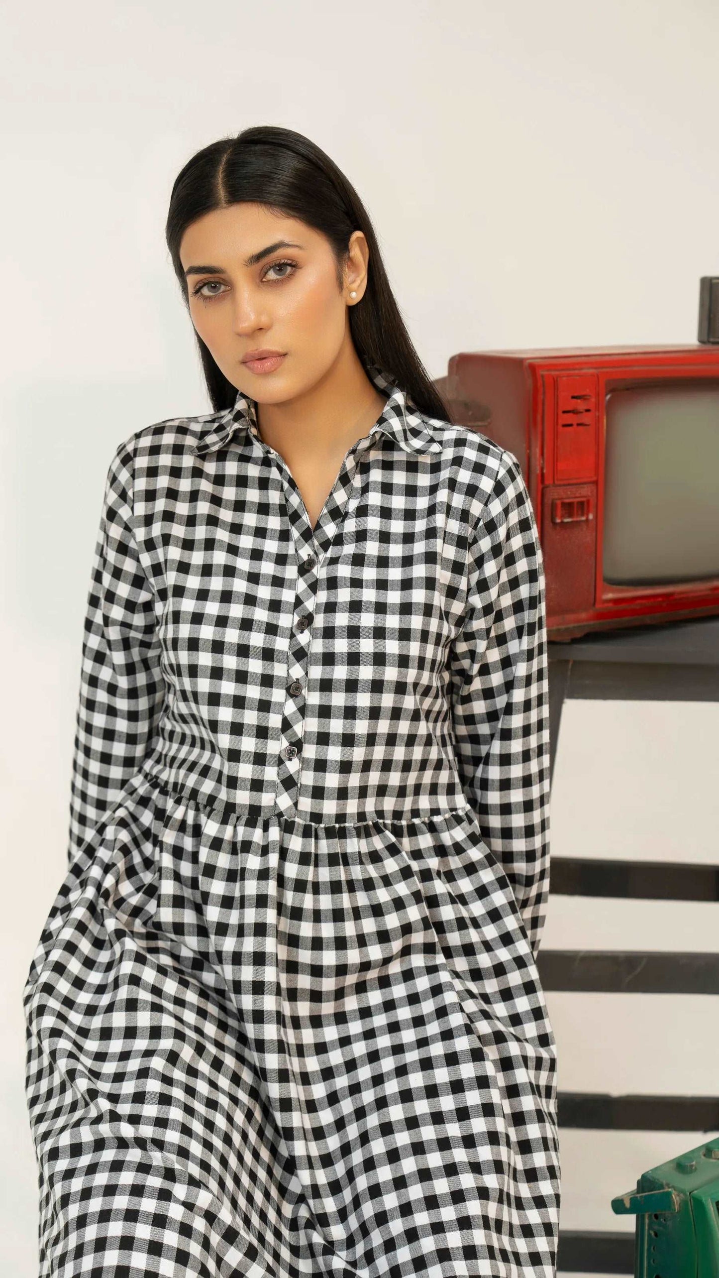 Women Woven Long Dress - Checkered - Harwage