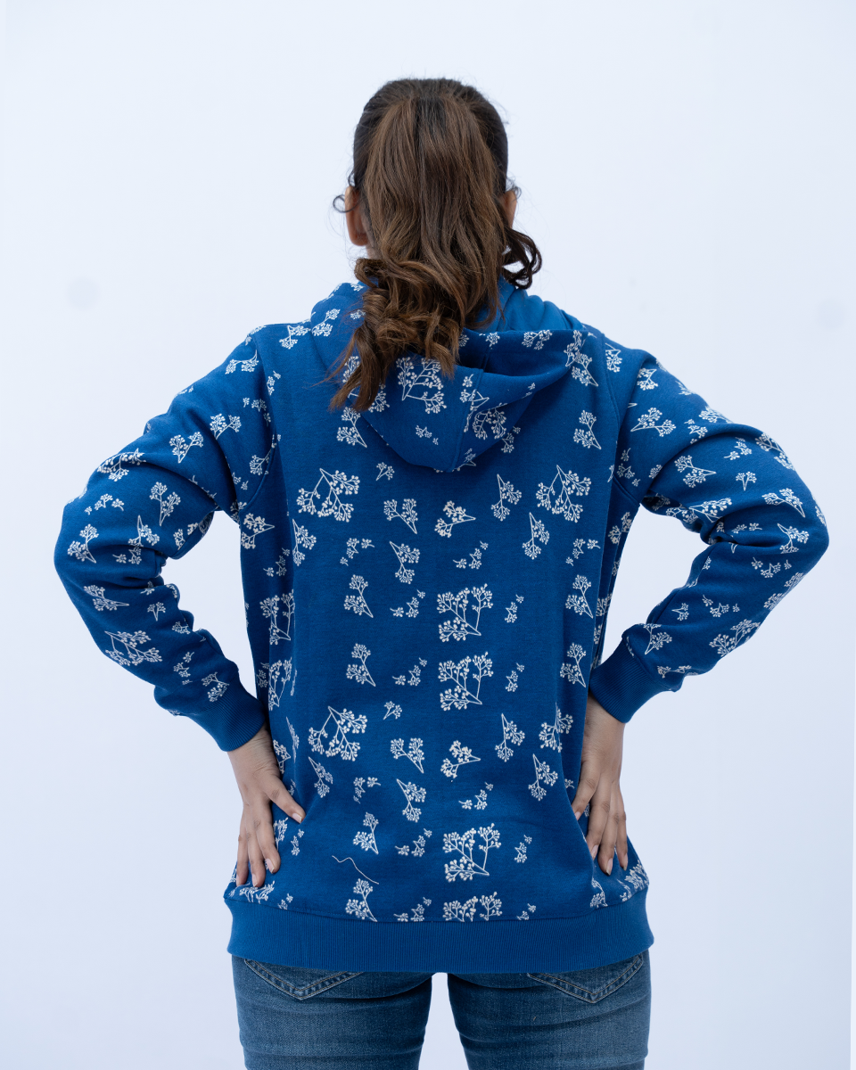 Women Allover Print Zipper Hoodie - Classic Blue