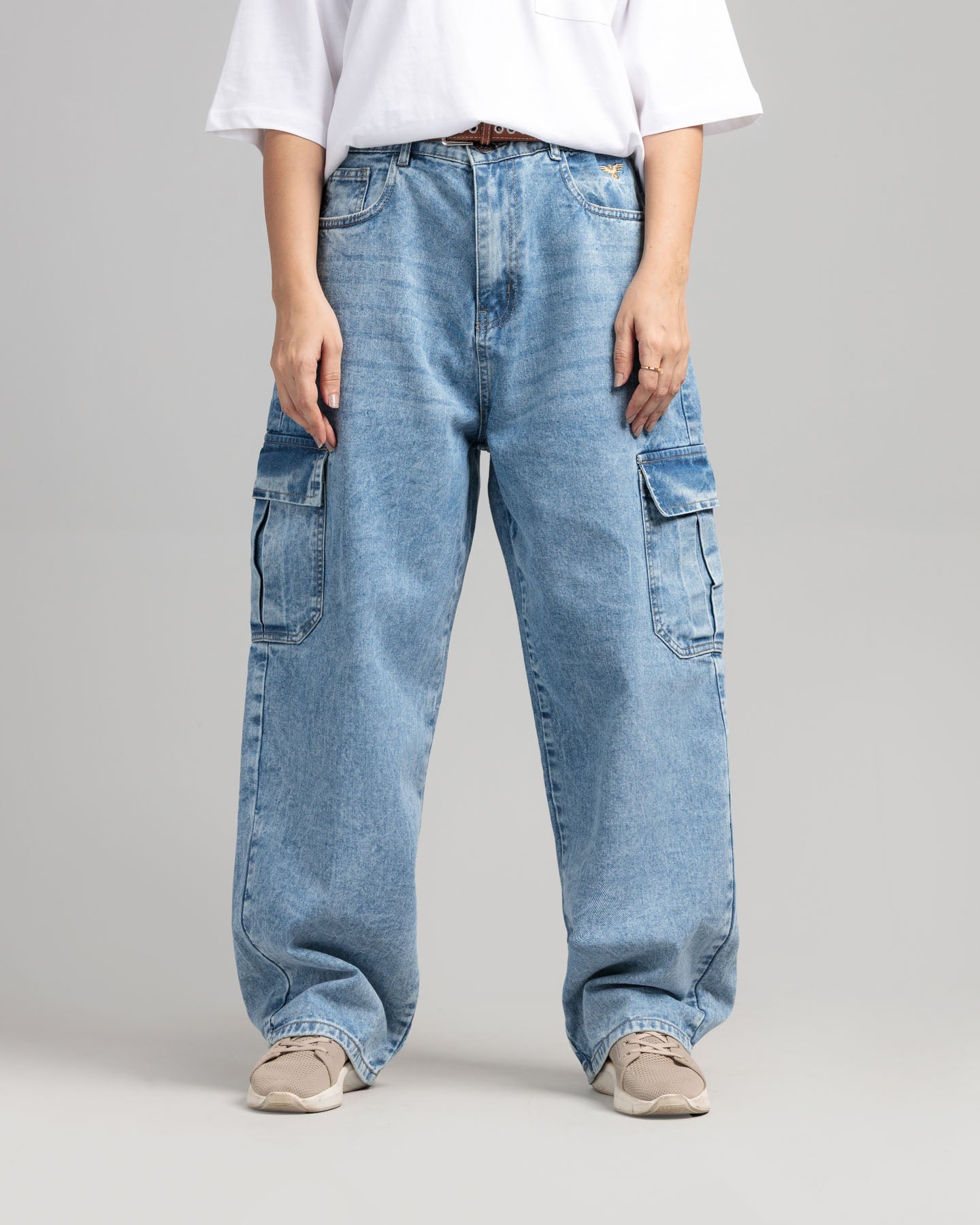 Women Skater Fit Cargo Denim Jeans - Ice Blue