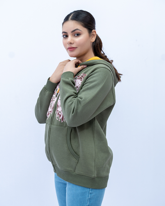Women Printed Zipper Hoodie - Olive Green