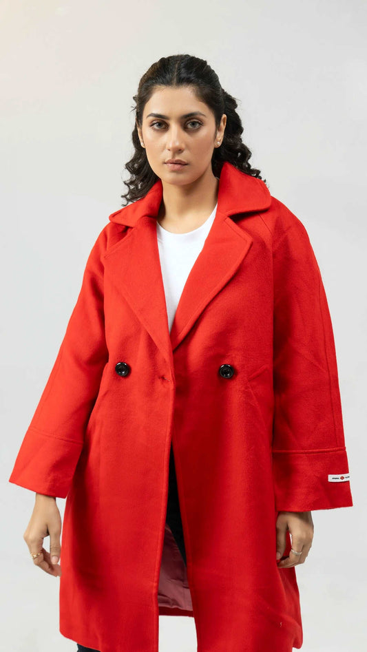 Women Long Wool Coat - Red - Harwage