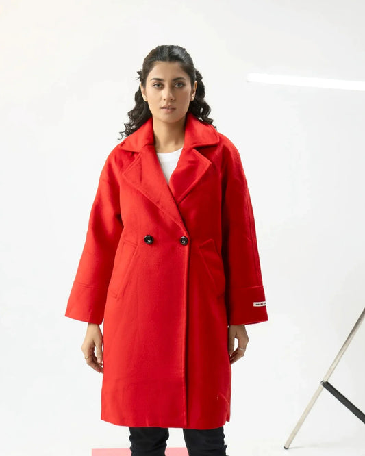 Women Long Wool Coat - Red - Harwage