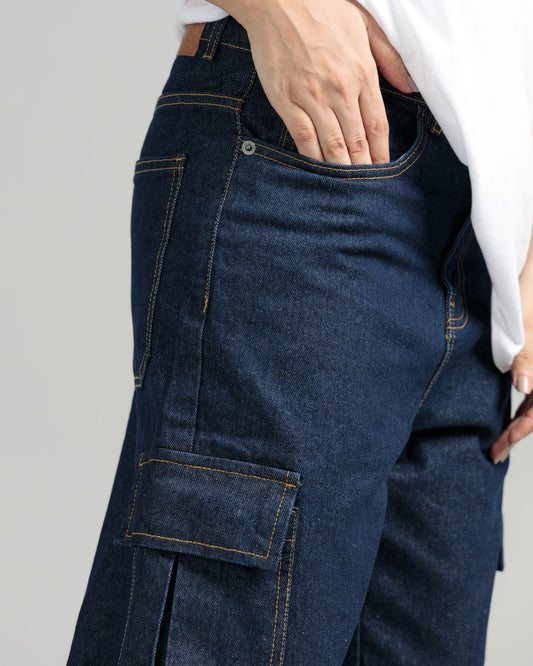 Women Loose Fit Cargo Denim Jeans - Indigo