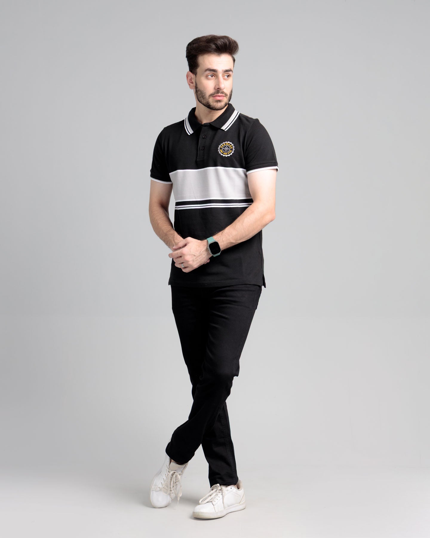 Men's Yarn Dyed Pique Polo Shirt - Jet Black & Quiet Grey