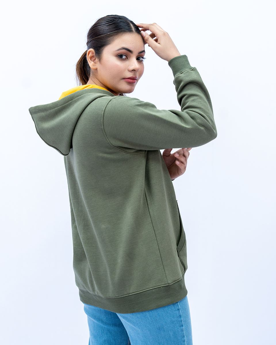 Women Printed Zipper Hoodie - Olive Green