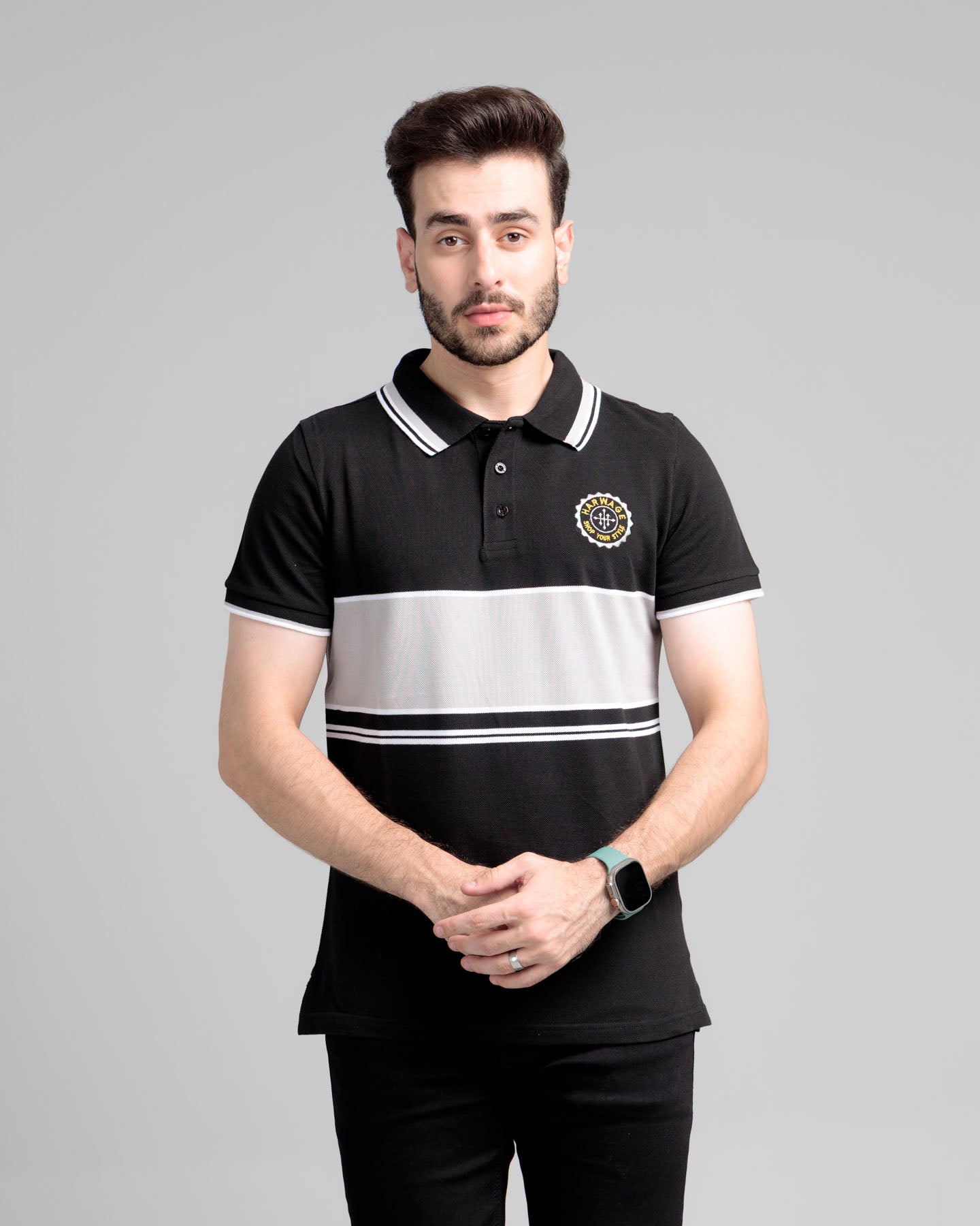 Men's Yarn Dyed Pique Polo Shirt - Jet Black & Quiet Grey