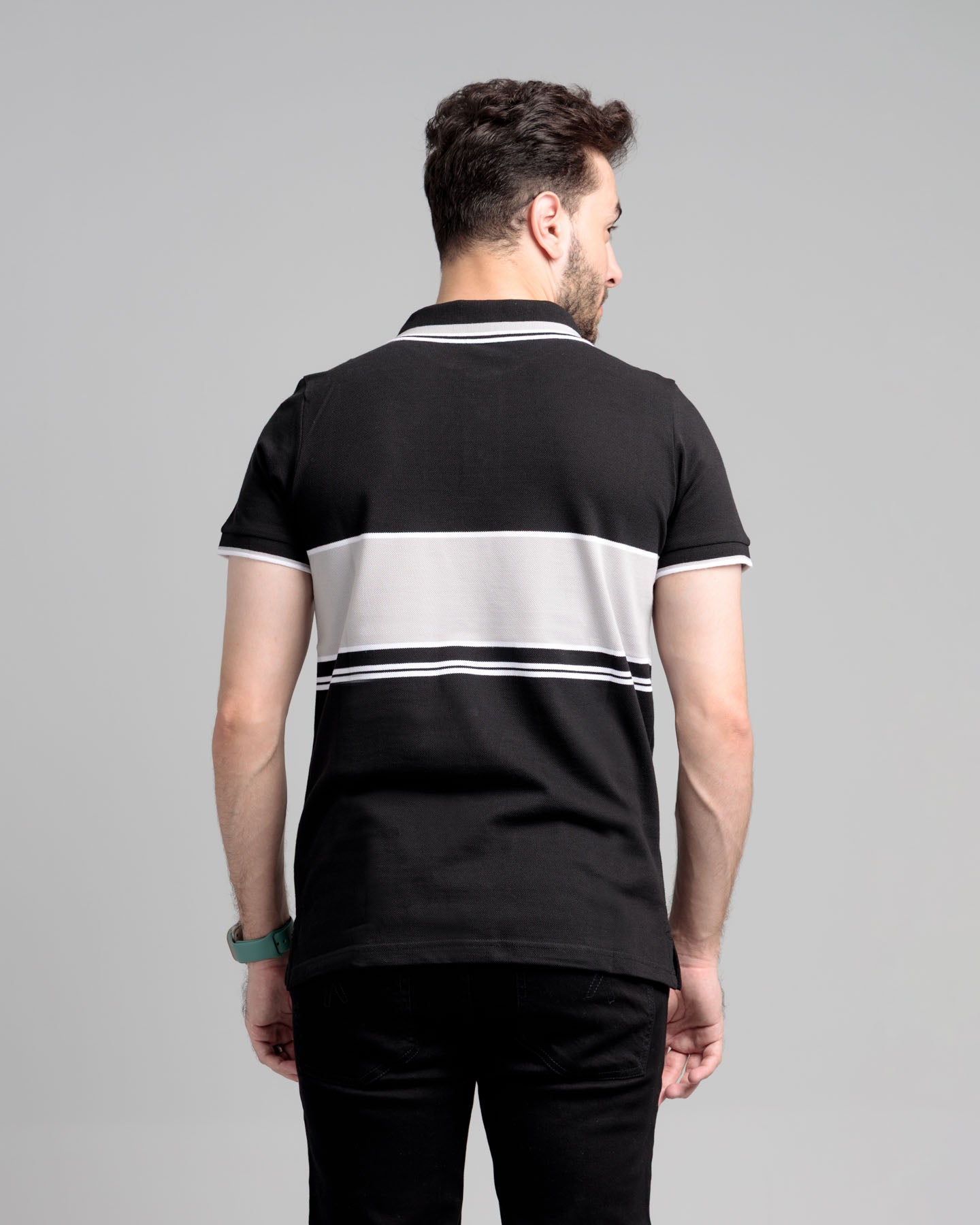 Men's Yarn Dyed Pique Polo Shirt - Jet Black & Quiet Grey