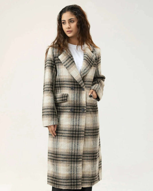 Women Long Wool Tweed Coat - Checkered - Harwage