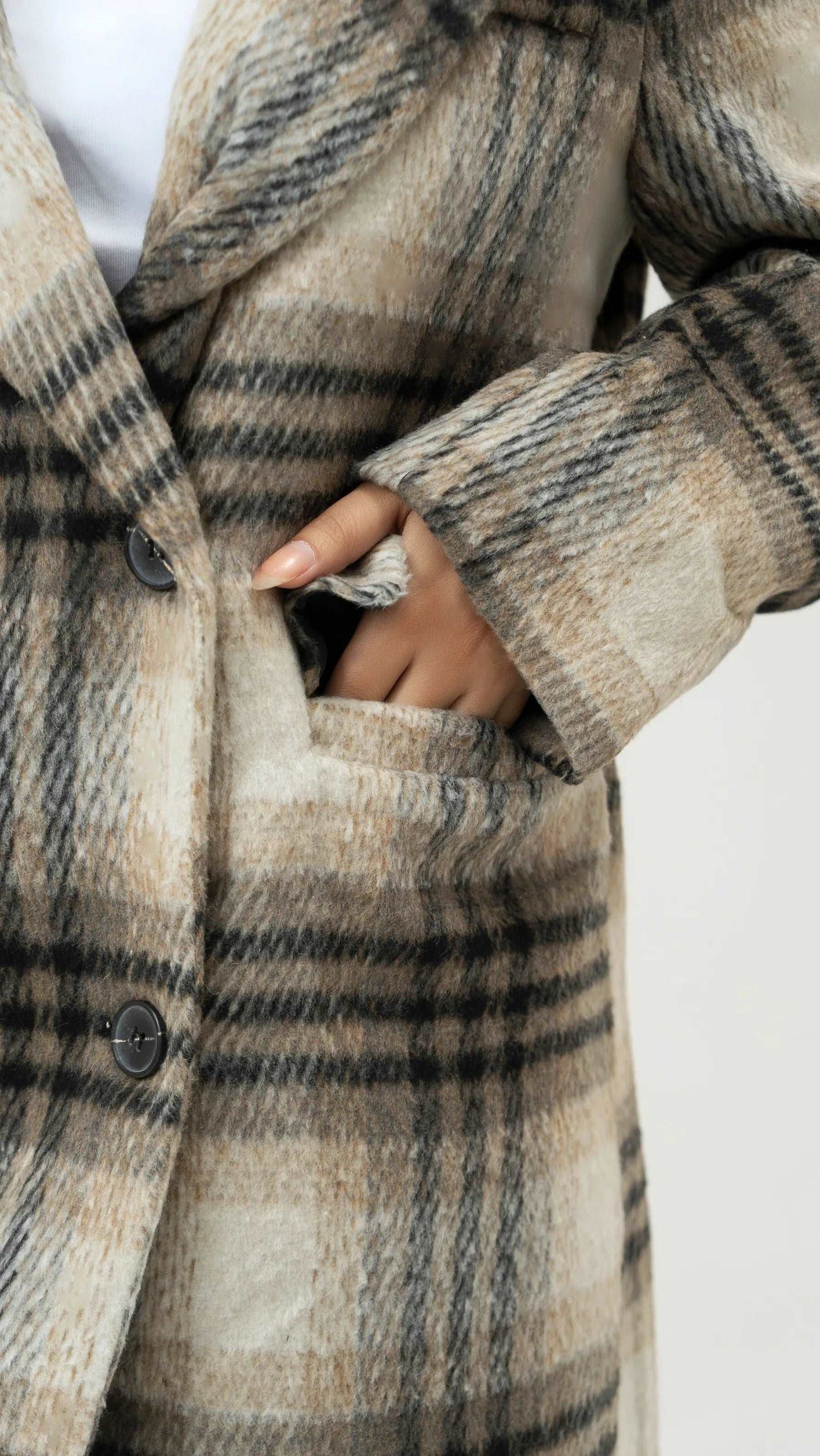 Women Long Wool Tweed Coat - Checkered - Harwage