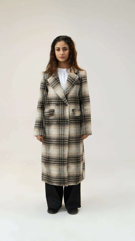 Women Long Wool Tweed Coat - Checkered - Harwage