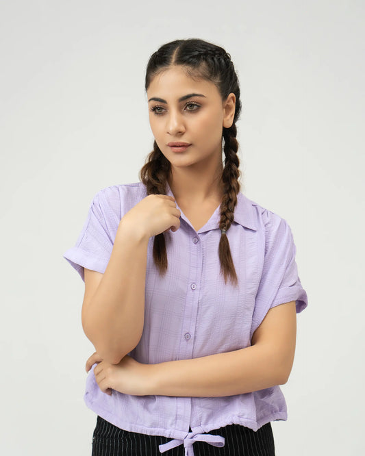 Women Drawstring Hem Poplin Super Cropped Shirt - Purple