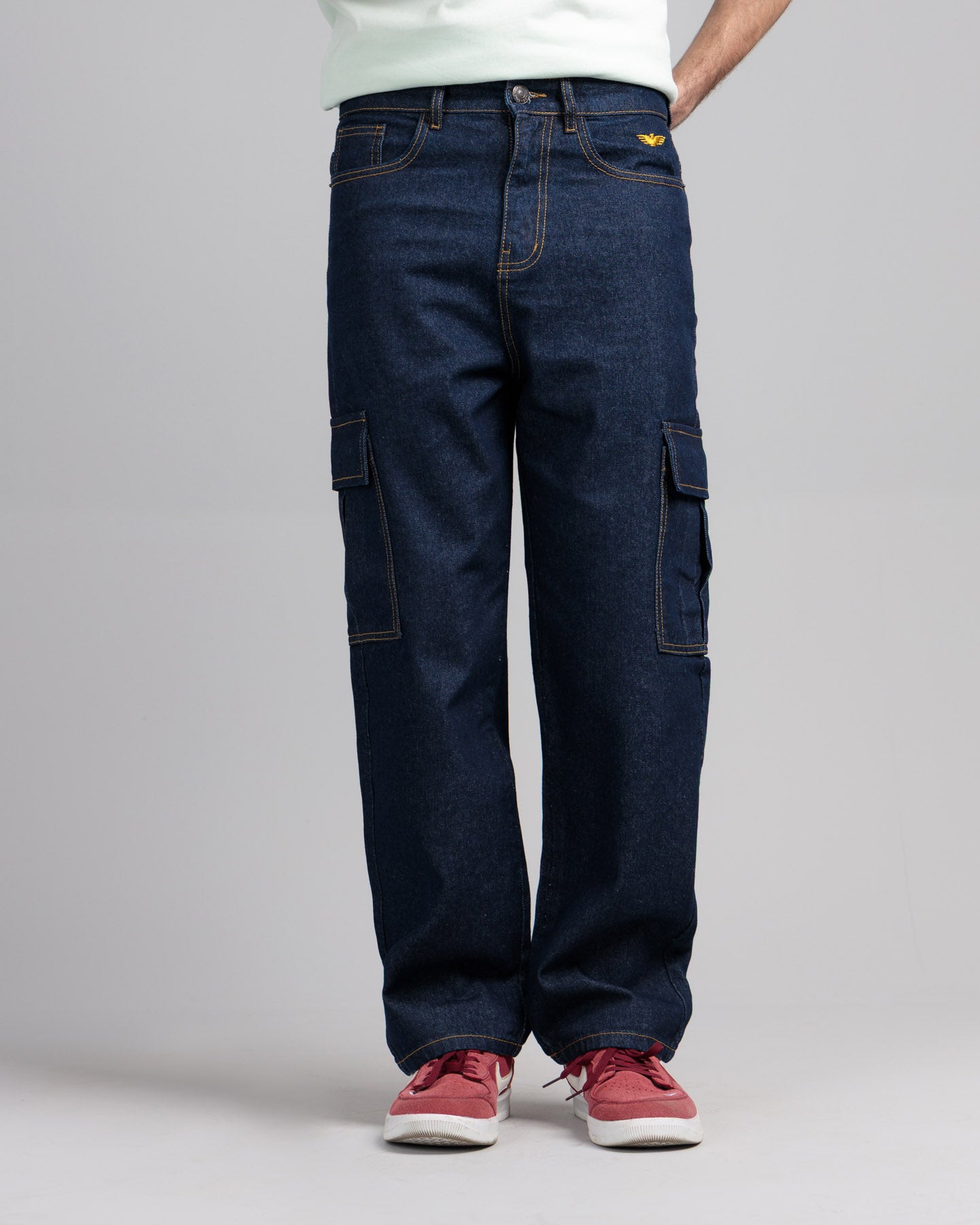 Men Loose Fit Cargo Denim Jeans - Indigo